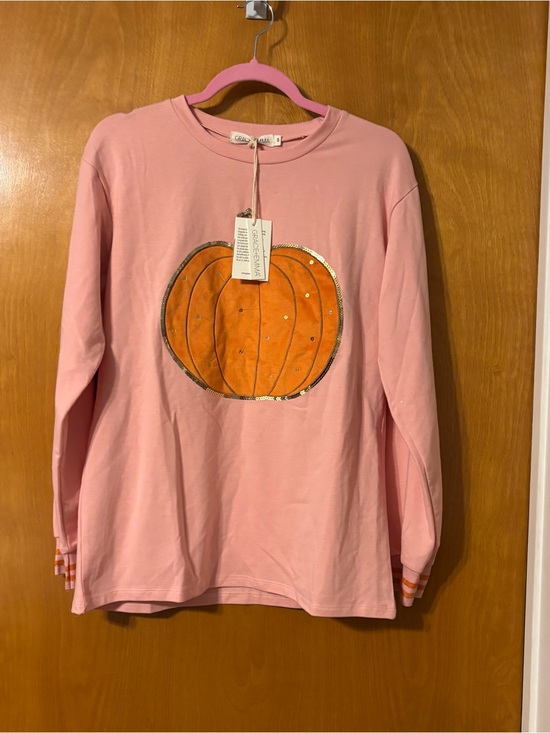 Grace + Emma Tops - Women’s Pink Long-Sleeve Sweatshirt with Orange Pumpkin Applique -